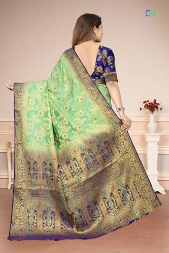 Image of Banarasi Art Silk Saree for Women with Floral Motifs & Dark Green Border for women