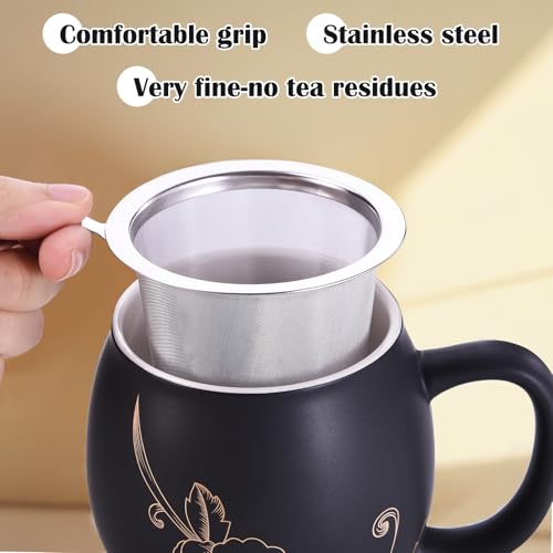 Image of Yundu 12 OZ Ceramic Mug with Lid & Tea Strainer - Matte Black Tea Cup with Golden Flower, Stainless Steel Infuser for Loose Leaf Tea