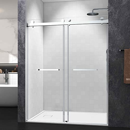 Aty Frameless Glass Shower Door, 60" Width, 76" Height, Double Sliding Bathroom Gate With Square Rail And 0.4" Clear Temperedglass, Noiseless Shatterproof, For Smooth Closing #TOP29