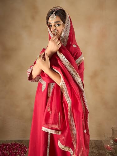 Image of INDO ERA Women's Maroon Silk Blend Embroidered A-Line Kurta & Pant With Dupatta Set (IESTR6990)