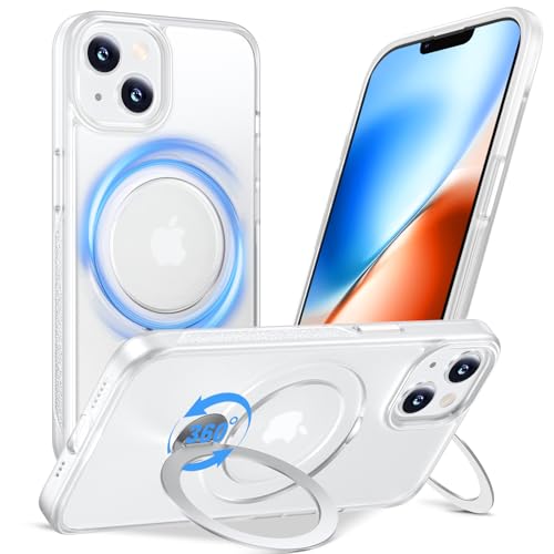 Anqrp 360° All-in-ONE Stand Case for iPhone 14/13 Case with Rotatable Magnetic Kickstand Ring Holder, Compatible with Mag-Safe, MIL-Grade Shockproof iPhone 14/13 Phone Case Cover, Mist Matte Clear