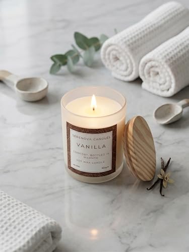 Image of SERENOVA Candles Soy Wax Scented Candle | Burn-time 40 Hours and Upto 60 Hours | 350gm | Handpoured and Handmade | Organic Soy Wax Candle | Aromatherapy Candle (Vanilla)