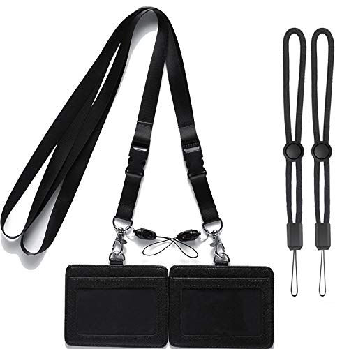 ID Badge Holder Leather with Neck Lanyards Black Detachable Buckle Breakaway Strap,2-Sided Horizontal PU Card Badges Holders with 1 ID Window and 2 Card Slot 2 Piece 22" Polyester -2 Pack Black