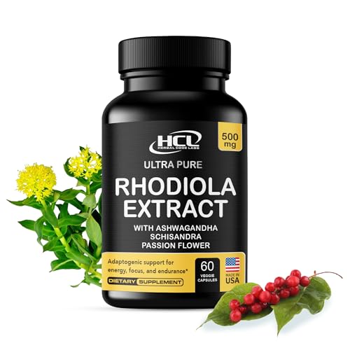 Rhodiola Rosea Supplement High Potency Extract 500mg - 3% Rosavins 1% Salidrosides with Ashwagandha Shisandra Passion Flower Herb Powder Capsules - Natural Way to Relieve Stress - Pills for Energy