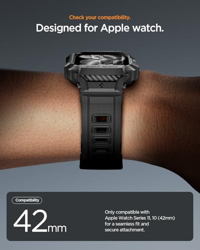 Image of Spigen Rugged Armor Pro 2 for Apple Watch Series 11 42mm Case with Strap Band, Series 10 42mm Protective TPU Cover with Strap - Matte Black