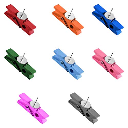 image for kiniza 20 Pack Colorful Push Pins Clips, Push Pins with Wooden Clips, 