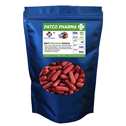 Patco Pharma - Size 00 Red-Red Empty Vegetarian Pill Capsule - Gluten Free/Halal Certified | DIY Powder Filling (Pack of 1000)