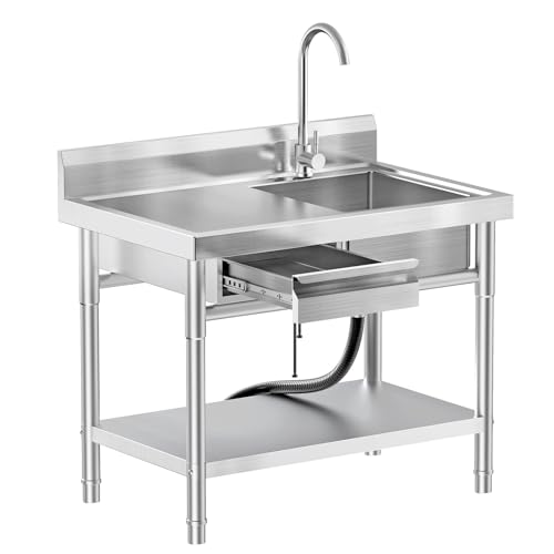 Stainless Steel Utility Sink Freestanding Single Bowl Laundry Sink with Hot and Cold Water Plumbing Workbench Drawers for Laundry Room Farmhouse Indoor and Outdoor Sink
