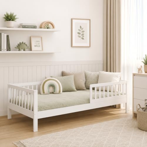 CADANI NIK Kinderbett 90x200 cm Weiß Abnehmbarer Rausfallschutz bis 200 kg
