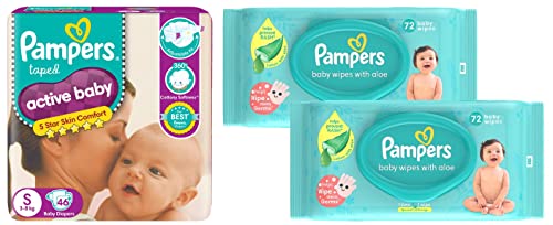 Image of Pampers Active Baby Taped Diapers, Small size diapers, (S) 46 count, taped style custom fit & Baby Gentle Wet Wipes with Aloe Vera 144 Wipes