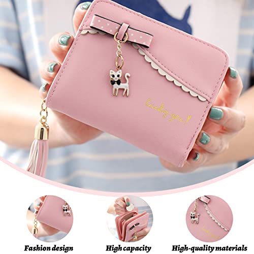 Suxgumoe Small Wallet for Women Girls PU Leather Bifold Short Wallet Tassels Cute Cat Women Wallet Ladies Purse with Coin Pocket (ROSE RED)4