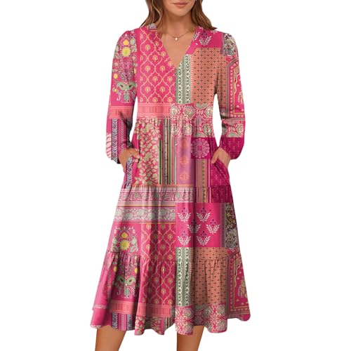 Robe midi imprimée pour femme fluide et évasée à col en V
