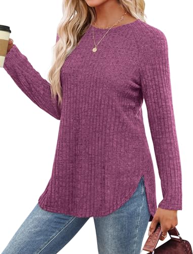 Image of Saloogoe Long Sleeve Shirts for Women 2025 Fall Clothes Tunic Tops Loose Fit Dressy Crewneck Pullover Sweaters Curved Hem