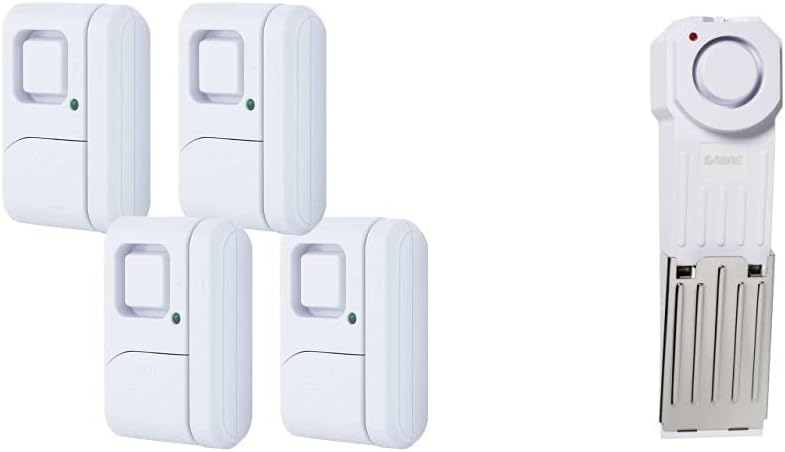 GE Personal Security Window/Door, 4-Pack, DIY Protection, Burglar Alert, Wireless, Chime/Alarm & Sabre HS-DSA Wedge Door Stop Security Alarm with 120 dB Siren