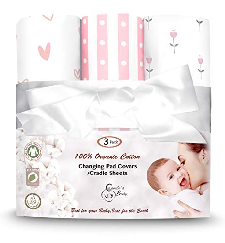 Cambria Baby 100% Organic Cotton Changing Pad Covers Or Cradle Sheets With Reinforced Safety Strap Holes. Soft, Pre-Shrunk, And Machine Washable. Girl 3 Pk #TOP2