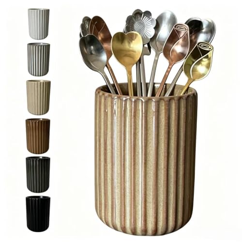 TOPYOKK Stoneware Coffee Bar Utensil Holder Tea & Coffee Spoon & Stirrer Holder for Stir Stick Straw Teaspoon Holder Spoon Cup Small Utensil Jar Fluted Vertical Stripe (Rustic Brown)