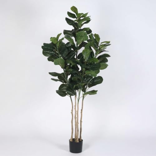 Image of ARICK DECOR 6Ft Artificial Fiddle Leaf Fig Tree in Pot, 180cm Realistic Faux Lush Green Silk Leaf Plant, Peacock Shaped Large Floor Decor for Home, Office & Balcony with Black Pot
