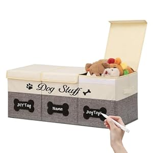 Qozary Dog Toy Storage Box with Diy Tag, 3 Grids Large Dog Toy Basket with Lid, Foldable Storage Box To Keep Your Pet Supplies Organized