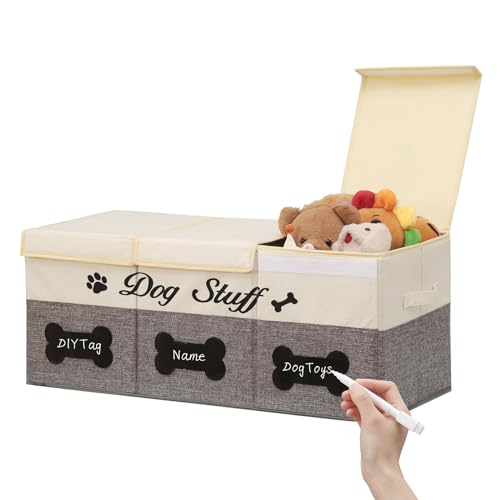 Qozary Dog Toy Storage Box with Diy Tag, 3 Grids Large Dog Toy Basket with Lid, Foldable Storage Box To Keep Your Pet Supplies Organized