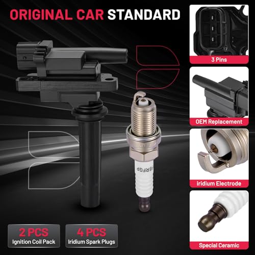 Image of BDFHYK 2 Ignition Coil Pack UF276 and 4 Iridium Spark Plug 2262 Compatible with Mazda 1999-2003 Protege 1.6L l4 Coil for 178-8255 C1223 5C1206 UF276T