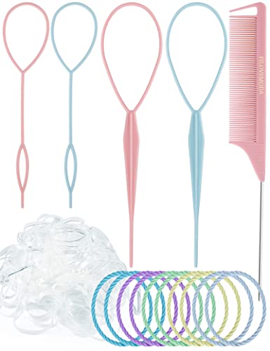 Topsy Hair Tail Tools,FILOVEMODA 1pcs Tail Braiding Combo, 4pcs French Braid Tool Loop For Hair Styling, 100pcs Clear Mini Elastic Hair Bands, 10pcs Ouchless Elastic Hair Ties (pink)