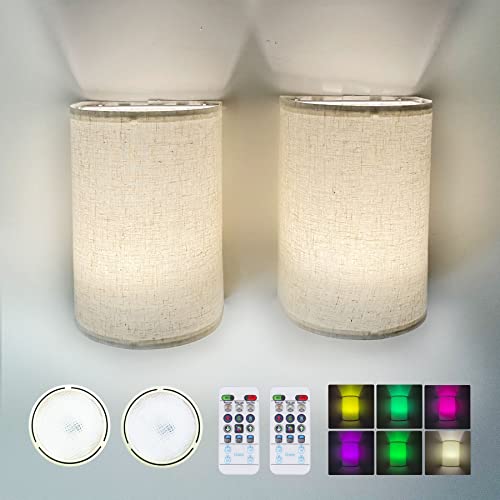 Xuolder Wall Sconce Battery Operated Wall Light Set Of 2,16 Rgb Colors Changeable Dimmable Wall Lamp With Fabric Shade Remote Control Wireless Wall Lighting Fixtures For Bedroom Living Room Hallway #TOP5