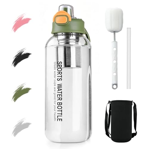 BOYIFEIJIE Botella de cristal de 1,5 litros con pajita y colador de té, botella grande de cristal de borosilicato, a prueba de fugas, botella de agua reutilizable para deportes, oficina, escuela