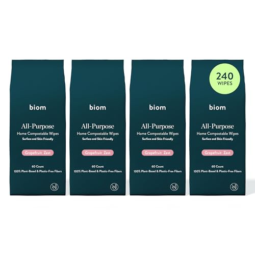 Biom All-Purpose Cleaning Wipes Refill (4pk x 60ct Each) - Biodegradable All Natural Plant-Based Non-Toxic Wipes for Home & Travel - Kid & Pet Friendly (Grapefruit)