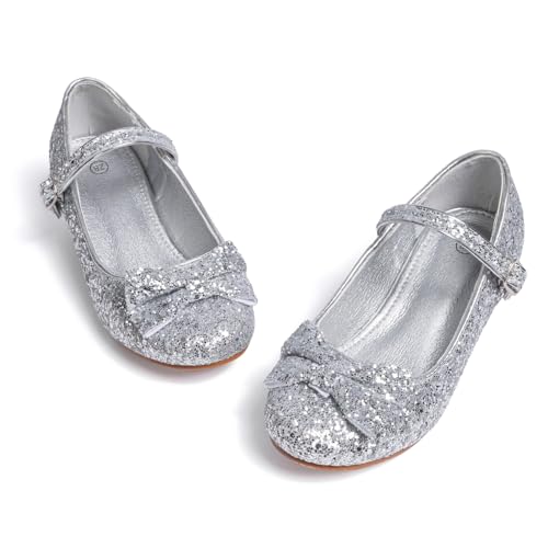 KIDSUN Toddler Little Girls Dress Shoes Heel Mary Jane Bow Flower Wedding Party Shoes Glitter Princess Shoes Flats (Toddler/Little Kid)