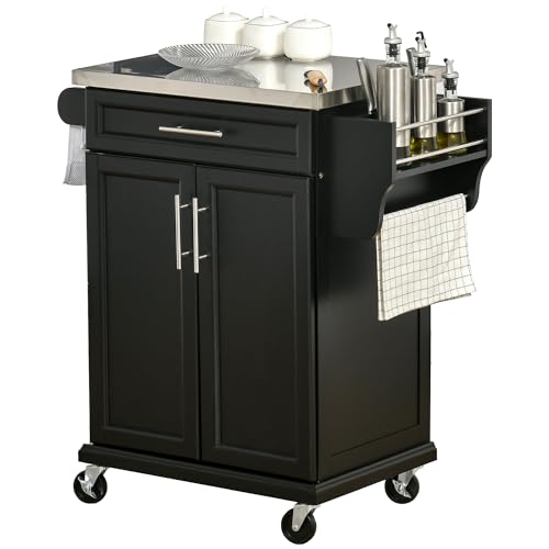 HOMCOM Dessert Cuisine desserte à roulettes îlot Central Cuisine avec Plateau en Acier INOX, étagère réglable, tiroir, Porte-épices, Porte-Couteaux, 83,5...