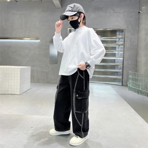 Kids Boys Baggy Cargo Jeans Wide Leg Elastic Waist Denim Pants Casual Irregular Sutures Pants with Multi-Pocket2