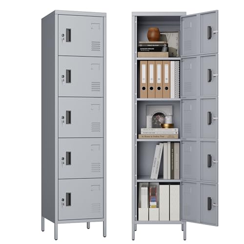 Image of Aobabo 16 inch W 5 Door Metal Storage Locker with Lock, 66 inch H Steel Locker with Name Card Holder and Metal Leg for School, Home, Office, Playroom, Assembly Required, Dark Grey