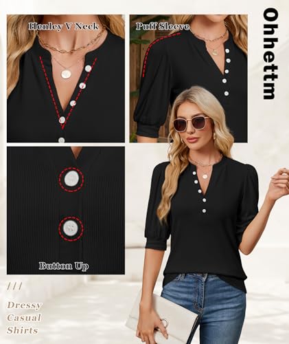 Summer Tops for Women 2025 Trendy Dressy Casual Blouse Puff Short Sleeve Shirts Knit Henley V Neck T Shirt Tunic3