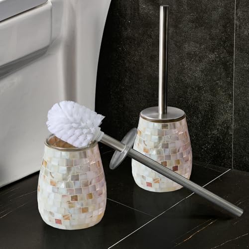 Image of WDHODEC Natural Shell Toilet Brush and Holder Set Mosaic Glass, Stainless Steel Toilet Scrubber Brush, Decorative Toilet Bowl Brush and Holder, Luxury Bathroom Accessories