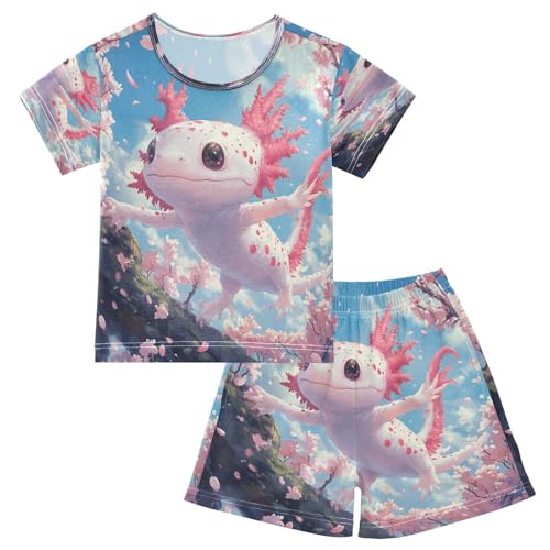 Pajama Sets Short Sleeve Cute Axolotl Pink Cherry Blossoms Soft Cotton Summer Sleepwear 2 Piece PJS Size 5-14T