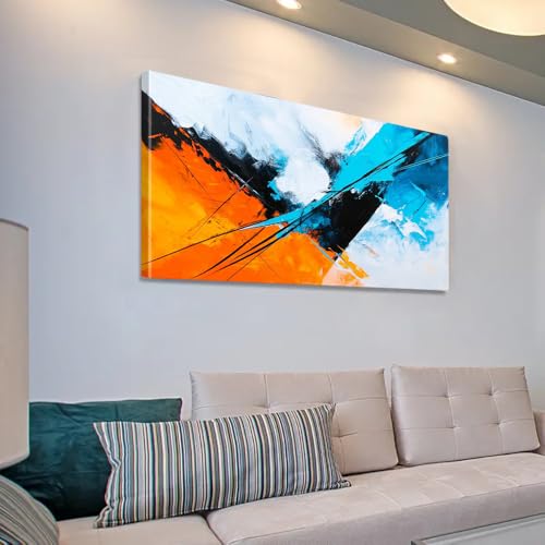 Décoration murale abstraite bleue et orange 20x40cm avec cadre intérieur