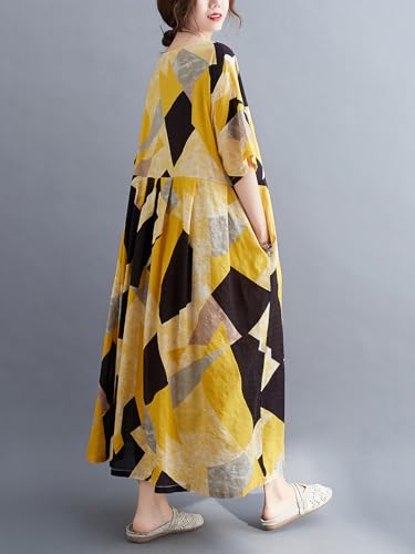 Image of Women Plus Size Color Block Dress Geometric Block Print Round Neck Side Pockets Casual Loose Dresses