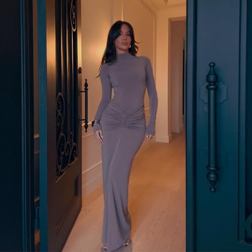 Image of Women's Sexy Turtleneck Long Sleeve Maxi Dress Elegant Ruched Bodycon Long Dress Casual Party Dresses