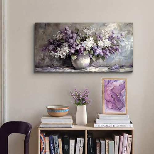 SERIMINO Large Wall Art for Living Room, Still Life Flowers Canvas Prints, Purple Floral Botanical Decor Paintings, Modern Aesthetic Pictures Wall Decor, Farmhouse Kitchen Artwork 24"X48"