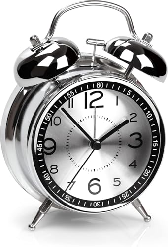 Image of Alarm Clock Analog Table Clock with Twin Bell Design and Numbered Dial, Desktop Timepiece (Metal Silver Analog Alarm Clock)