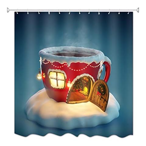 A.Monamour Cortinas De Baño Cuento De Hadas Taza De Té En Forma De Casa De Vacaciones Navideñas Temática Tela Poliéster Resistente Cover