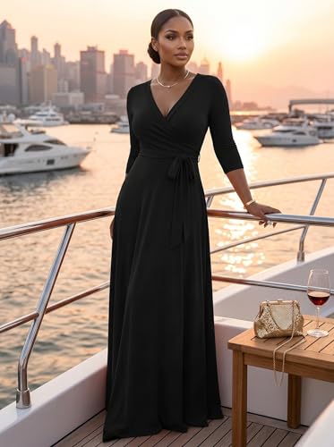 Image of PinkPatty Plus Size Maxi Dresses for Women Casual Flowy Long Dress 3 /4 Sleeve V Neck Wrap Dress with Belt