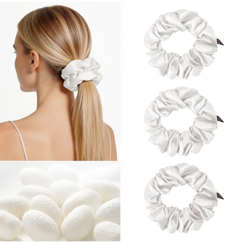 Image of THXSILK 100% Mulberry Silk Chunky Scrunchies 3-Pack, 25 Momme Mulberry Silk Hair Ties for Women, Thick Voluminous No Damage Hair Ties, Ponytail Holders for All Hair Types, Pearl White
