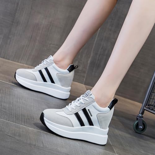 Image of Platform Sneakers for Women High Hidden Heel Wedge Sneakers Fashion Leather Chunky Lace up Wedge Tennis Shoes Increasing 3.94 inch
