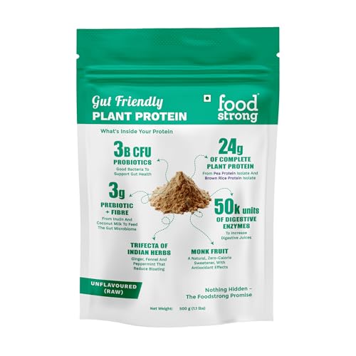 Image of Foodstrong Gut Friendly Plant Protein - Raw (Unflavoured) | 24g Complete Plant Protein with Probiotics, Digestive Enzymes, Prebiotics & Indian Herbs | Vegan | No Sugar | 500g