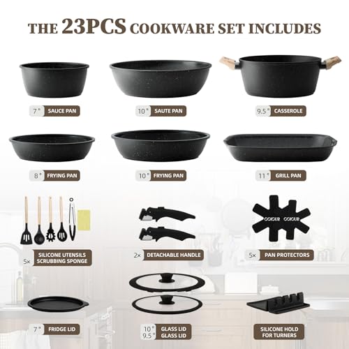 Image of 23Pcs Ceramic Cookware Set Non Stick Pots and Pans Set Non Toxic with Detachable Handle Induction Kitchen Cookware Set Space Saving, Oven & Dishwasher Safe, Black