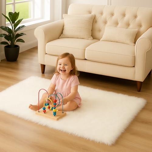 Mishukaze Plush Faux Sheepskin Rug-Ultra Soft Fluffy Bedside Carpet,Machine Washable Anti Slip Floor Mat,Silky Shag Area Rug for Bedroom,Living Room & Kids Room Decor（White 60x110）