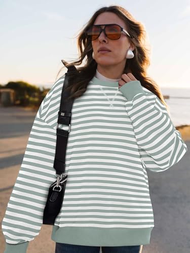 Image of PRETTYGARDEN Womens Striped Oversized Sweatshirt Color Block Crew Neck Long Sleeve Casual Loose Pullover Top Y2K Clothes