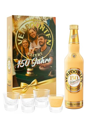 Verpoorten Jubiläums-Geschenkset mit 0 7 L VERPOORTEN ORIGINAL Eierlikör 20%vol und 4 Shotgläsern