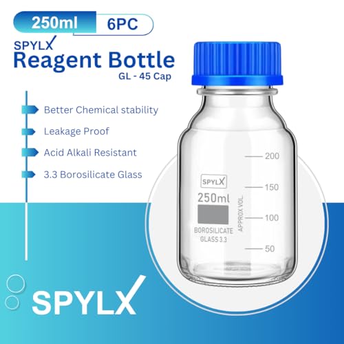 Image of Borosilicate Glass reagent bottle 250ml with leak proof Blue Screw Cap pack of 6 for glassware wide mouth chemical bottles for lab, laboratory, kitchen and professional use